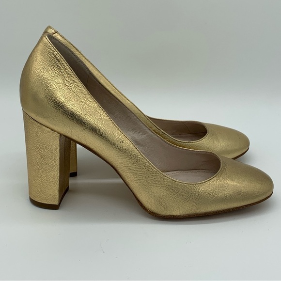 Louise et Cie Leather Metallic Gold Stacked Block Heel Pumps Size US 8.5 EU 38.5 - Picture 9 of 10